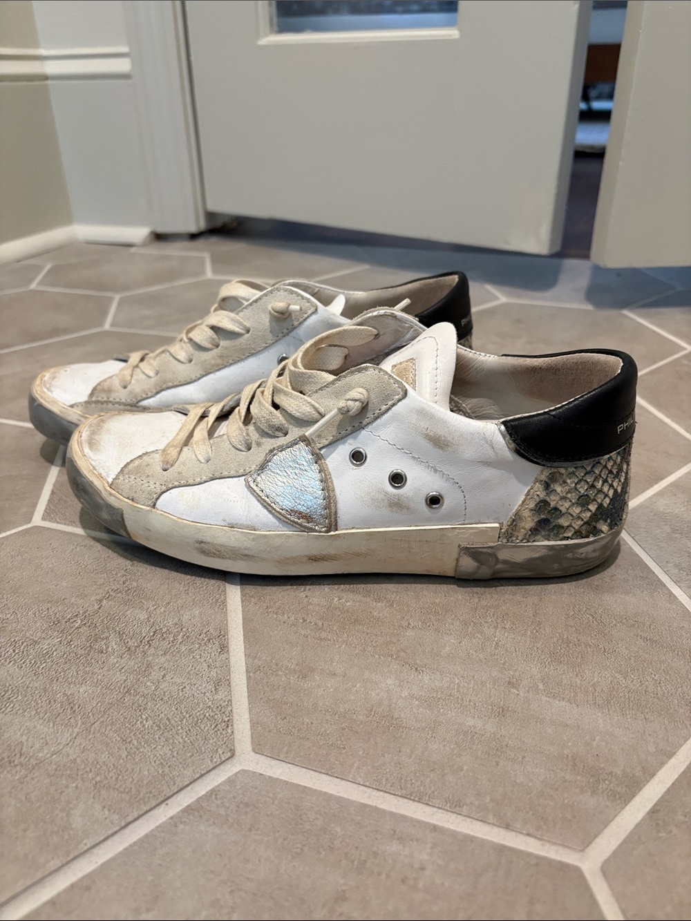 Philippe Model White, Beige and Black Low-Top Sneakers with Snakeskin Accent
